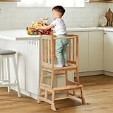 COSYLAND Lernturm ab 18 Monaten - Lernstuhl für Kinder aus Bambus - mit Kippschutz, rutschfesten Matten, 2 Stufen und Sicherheitsbügel - für Bad, Kleinkinderzimmer, Küche - Bambusfarbe