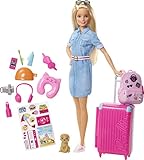 Barbie FWV25 - Barbie Travel Puppe (blond) mit Hündchen, aufklappbarem Koffer, Stickern und mehr als zehn Accessoires, Spielzeug ab 3 Jahren