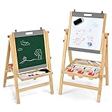 COSTWAY 3 in 1 Kinder Staffelei aus Kieferholz doppelseitig, Whiteboard & Kreidetafel & Zeichenpapier höhenverstellbar/klappbar, Kindertafel mit Ablage und Zubehör (Grau)