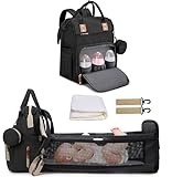Fexkean Wickeltasche Rucksack Baby Wickelrucksäcke Reisewindeltasche mit faltbarem Kinderbett mit Multifunktions Babytaschen Wickelauflage Babybettrucksack（All Black）