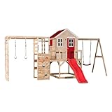 Wendi Toys M24R-G Stelzenhaus Kinder mit Rutsche, Schaukel und Kletterwand, 342 x 508 x 242 cm, Rot – Robustes Spielhaus aus FSC Holz, Kletterdreieck mit Rutsche, Spielturm Outdoor