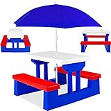 KESSER® Kindersitzgruppe mit Sonnenschirm Kindertisch Picknickset | Sitzgarnitur Tisch und Bänke | Sitzgruppe Kindermöbel Gartenmöbel für Kinder Blau