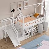 Jaxenor Kinderbett 90x200 mit Magnetischer Tür, Hochbett mit Rutsche und Treppen, Hausbett für Kinder und Jugendzimmer, Massivholz mit Lattenrost, Ohne Matratze, Weiß