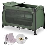 hauck Baby Reisebett Play n Relax Center Set mit Komfort Matratze und Insektenschutz - Babyreisebett mit Neugeborenen Einsatz, Wickelauflage und Tasche (höhenverstellbar & faltbar) - Dark Green
