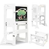 Labebe Lernturm für Kinder, Montessori Faltbarer Lernturm mit Tafel, Multifunktion 3 in 1 Learning Tower, Höchste Sicherheit lernturm ab 18 Monate für Küche Tisch Bad Lernstuhl Lerntower（Weiß）