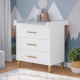Bellabino Liri Wickelkommode – Wickeltisch mit abnehmbaren Wickelaufsatz und 3 Schubladen – Babykommode mit großer Wickelfläche in Weiß/Natur – Wickelschrank für Babys