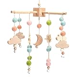 Promise Babe Mobile Baby Holz Windspiel mit Filzbällen Mond Sterne Babyzimmer Holz Gehäkelt Mobile Baby Neugeborene Junge Mädchen Bettglocke Anhänger zum Aufhängen Babybett Wickeltisch Deko Star Moon