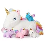 61 cm (24 Zoll) Einhorn-Stofftierspielzeug für 3 4 5 6 7 8 9 Jahre alte Mädchen, Einhorn-Mutter mit schönen Augen und Vier Einhorn-Babys, Plüsch-Geschenk für Weihnachten, Geburtstagsfeier für Mädchen