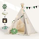 BlueWood Tipi Zelt für Kinder, Spielzelt mit Gepolsterter Decke, Lichterkette, Tragetasche, Segeltuch Kinderzelt - weiß