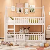 Etagenbett für 2 Kinder, 90x200 cm Kinderbett Bodenbett Hausbett mit Rausfallschutz und Lattenrost,Vollschutzgitter und Türen, Massivholz Doppelbett Stockbett Gitterbett Jugendbett,Ohne Matratze,Weiß