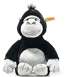 Steiff 069116 Original Plüschtier Bongy Gorilla, Soft Cuddly Friends Kuscheltier ca. 30 cm, Markenplüsch mit Knopf im Ohr, Schmusefreund für Babys von Geburt an, schwarz-hellgrau
