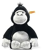 Steiff 069116 - Original Plüschtier Bongy Gorilla, Soft Cuddly Friends Kuscheltier ca. 30 cm, Markenplüsch mit Knopf im Ohr, Schmusefreund für Babys von Geburt an, schwarz-hellgrau