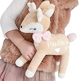 minipishop® Kuscheltier personalisiert REH Kuscheltier mit rosa Schleife I personalisiertes Kuscheltier zur Geburt und für die Schultüte zur Einschulung