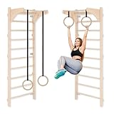 Sprossenwand mit verstellbaren Holzringen, Trainingsgerät für Erwachsene und Kinder, Heim-Fitness, Kraft- und Mobilitätstraining, Naturholz, Wandmontage, Made in EU, 100% ECO