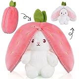 OSDUE Hasen Verstecken, Flip Plüsch Spielzeug, Plüschtier Hase, Hase Stofftier, Erdbeeren Karotten Hase mit Reißverschluss, Geburtstagsgeschenk für Jungen, Mädchen, Kinder(23cm Rot)