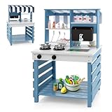COSTWAY Matschküche Kinder Outdoor, Kinderküche Tannenholz mit Wasserfunktion, Doppelseitige Spielküche mit Dach & 6 Zubehör, Outdoorküche für Kinder ab 3 Jahren (Blau)