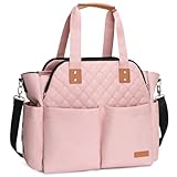Lekebaby Baby Wickeltasche mit Wickelunterlage, 19 Taschen, Diaper Bag Bote Groß Reisewindeltasche für Mama und Papa, Multifunktions Babytasche für Reise, Rosa Gesteppt