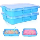 2 Stück Sandkasten mit Deckel, Sandbox Kunststoff und Griff, 34×25×7,5cm, Tragbare Sensory Bin für Wasser Sand Perlen Spielzeug, Indoor & Outdoor Aktivitäten Blau