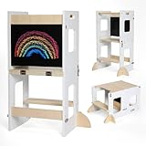 KYWAI® Lernturm ab 1 Jahr – Lernturm Klappbar 3 in 1 mit Tafel – Learning Tower für Kinder – Faltbar mit Sicherheitsfüßen – Aus Nachhaltigem Holz – Stabiler Montessori-Hocker für Zuhause