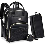 Dikaslon Wickeltasche Rucksack – Großer Wickelrucksack aus PU-Leder mit viel Stauraum, Wickeltasche groß mit Schnullerhalter, Wickelauflage & Kinderwagengurten – für Mama & Papa (Schwarz)