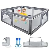 Laufstall Baby 127x127cm – Kinder Sicherheits-Spielplatz mit dicken Rand, rutschfestem Boden, atmungsaktivem Netz, zerlegbarem Baby Zaun, 2 Kletterringen und Tragetasche