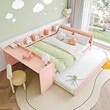 RIAZOS Kinderbett 140x200 mit Regale und Schreibtisch, Doppelbett mit Ausziehbett, Tagesbett mit Lattenrost, Massivholz Kiefer Holzbett, Multifunktionsbett, ohne Matratze, Rosa