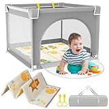 YUMBOT Laufstall Mit Matratze 90x90cm, Faltbar Mit Matte Schaum, Atmungsaktivem Netz und Reißverschlusstür, Kleines Laufgitter, Playpen, Rutschfeste Basis, Grau