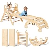 Giant bean 7-in-1 Montessori Kletterdreieck mit Kletterbogen und Rutsche, Holzdreieck für Kleinkinder ab 1-3, Indoor Kletterspielzeug, Regenbogen mit Griff, Hellbraun, S
