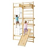 VEVOR schwedische Leiterwand 8 in 1 12-stufiges Kletterspielzeug aus Massivholz 100 kg belastbares Indoor-Klettergerüst mit Kletterbrett Turnringen Klimmzugstange Wandleiter Rutsche Schaukel