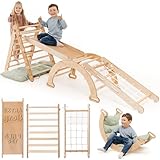 Extra Groß 5-in-1 Indoor Klettergerüst für Kleinkinder - Dreiecksleiter, Kletterbogen & Kletterrampe & Netz, Kissen, Montessori Klettergerüst, für Kinder von 1-5 Jahren (Grünes Kissen)