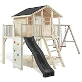 Stelzenhaus Tobi 810 - extra stabil und extra hoch - das Spielhaus mit Dachpappe, Podesthöhe 150 cm, Kletterwand, Sandkasten, Farbe für den Anstrich und Rutsche grau