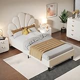 HNOUER Polsterbett Kinderbett 90x200 cm mit geblümtem Kopfteil,Bettgestell mit Lattenrost,Samt muschelartiges Bett mit Verstellbarer Kopfteil,für Mädchen,Beige,ohne Matratze
