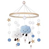Vegena Mobile Baby Windspiele mit Filzbällen - 3D Wolken Mobile Windspiel, Mobile Baby Holz Mobile Baby Jungen Mädchen Kinderzimmer Hängende Bettglocke Anhänger für Babybett Wickeltisch Deko (Blau)
