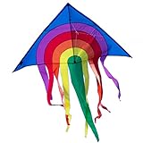 CIM Großer Kinder-Drachen - SUPER-Drachen Rainbow Delta XL blau – Einleiner Flugdrachen für Kinder ab 6 Jahren - 150x166cm - inklusiv Drachenschnur und Streifenschwänze