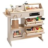 howa Kaufladen Holz - Kaufmannsladen mit 40-teiligem Kaufladen Zubehör, Spielkasse mit Spielzeugkartenleser, Tafel für Kreide, Vitrine, Natur - beige 47559