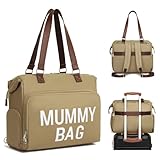 KONO Wickelrucksack für Mama & Papa, Praktische Wickeltasche tragbar als Umhängetasche oder Rucksack, mit isolierter Tasche, großes Fassungsvermögen (Khaki)