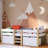 Bellabino Aspy Kinderbett 90x200 cm, Hochbett mit Rausfallschutz, Kinder Bett für Jungen & Mädchen, Halbhochbett weiß mit Lattenrost und 2 Schubladen, Hochbett mit Stauraum, Kinderzimmer Stabil Holz