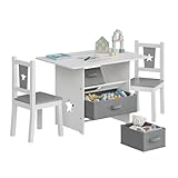 WOLTU Kindersitzgruppe, 1 Kindertisch und 2 Stühle, Kindertisch mit Stauraum, Kindermöbel Set aus Holz, mit 3 Aufbewahrungskörben, Sitzgruppe für Kinder, Grau + Weiß