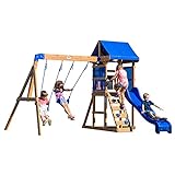 Backyard Discovery Spielturm Aurora aus Holz | XXL Spielhaus für Kinder mit Rutsche, Schaukeln und Kletterleiter | Stelzenhaus für den Garten