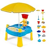 COSTWAY 2-in-1 Sand- und Wasserspieltisch mit Sonnenschirm, 18 teiliger Sandkastentisch für Kinder, Kinderspieltisch, Strandspielzeug-Set, Sandkasten Spielzeug (Mit Sonnenschirm)