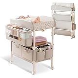 Tragbarkeit Klappbarer Wickeltisch, Multifunktionaler Baby Wickelkommode mit Schubladen, Höhenverstellbare Mobil Wickeltisch für Neugeborene und Kleinkinder, Baby Wickelstation mit Rollen bis zu 65 Kg