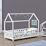 [en.casa] Kinderbett Sisimiut Hausbett 80 x 160 cm mit Rausfallschutz Holzbett für Kinder Bodenbett Lattenrost Kiefernholz Weiß matt