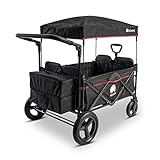 elvent® WagonPro Premium Bollerwagen/Handwagen faltbar mit Dach I 4 Sitzplätze | groß I Sitzpolster, Hecktasche, Off-Road-Reifen, Feststellbremse, 5-Punkt-Gurt I für 4 Kinder (Schwarz)