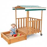 Melko Sandkasten mit Spielveranda, Abdeckung und Sonnenschutz für Kinder, aus Holz, 182 x 100 x 140, Sandbox mit Geländer, Dach grün weiß