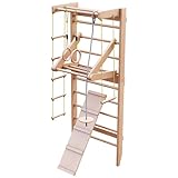 Physionics® Sprossenwand - mit Turnringen, Schaukel, Rutsche, Klimmzugstange, bis 150 kg Belastbar, Holz - Kletterwand, Turnwand, Indoor Klettergerüst für Kinder und Erwachsene, Fitness