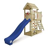 WICKEY Spielturm Klettergerüst JoyFlyer mit Holzdach & blauer Rutsche, Outdoor Kinder Kletterturm mit Sandkasten, Leiter & Spiel-Zubehör für den Garten