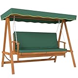 Outsunny 2 in 1 Hollywoodschaukel mit Liegefunktion, 3-Sitzer Gartenschaukel aus Holz, Holzschaukel mit Sonnendach Sitzauflage, Schaukelbank bis 330kg, für Garten, Terrasse, 236x130x181 cm, Dunkelgrün
