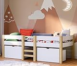 Bellabino Aspy Kinderbett mit Rausfallschutz für Kinder, Hochbett weiß inkl. Lattenrost und 2 Schubladen, Halbhochbett mit Stauraum Natur/weiß, Hochbett 90x200 cm