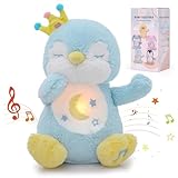 Edencomer Schlummer Kuscheltier - Schlummer Pinguin mit Simuliertem Atem, Musik und Nachtlicht, Kuscheltier mit Atembewegung Begleiten Sie Kinder Zum Schlafen (Blau)