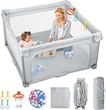 eSynic Baby Laufgitter Faltbares Spielgitter für Babys und Kleinkinder, Indoor Outdoor mit Sichtbarem Atmungsaktivem Mesh, Baby Gate mit 50 Ocean Balls, 4 Griffen, 1 Korb, 127x127 cm (Grau)